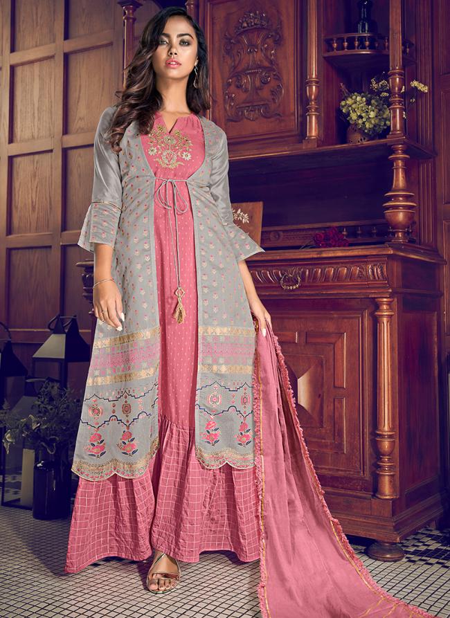 Pink Pure Art Silk Party Wear Embroidery Work Gown With Jacket