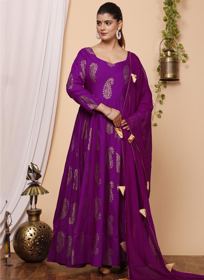 Purple Pure Rayon Festival Wear Printed Gown With Dupatta