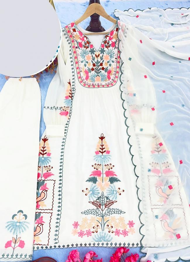 Cream Faux Georgette Festival Wear Embroidery Work Readymade Pakistani Suit