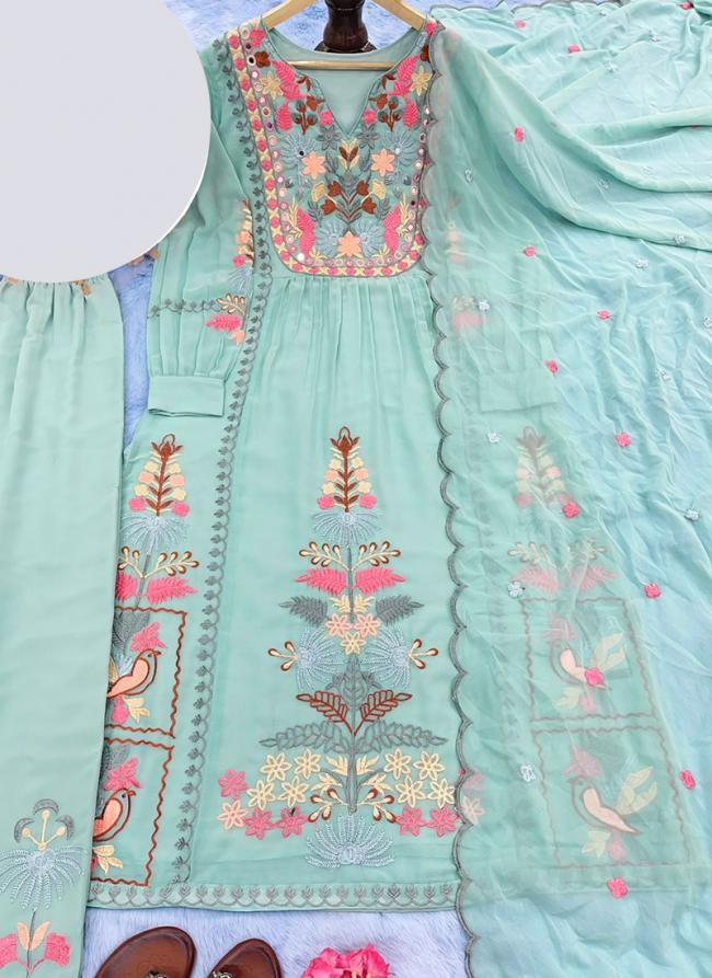 Pista Green Faux Georgette Festival Wear Embroidery Work Readymade Pakistani Suit
