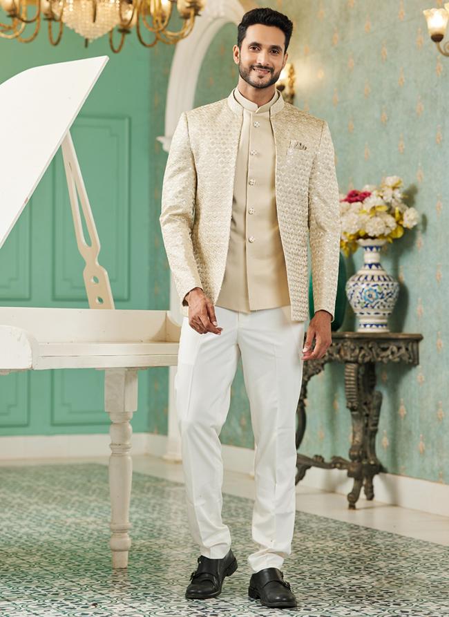 Beige Art Silk Wedding Wear Thread Work 3 Pcs Jodhpuri Suit