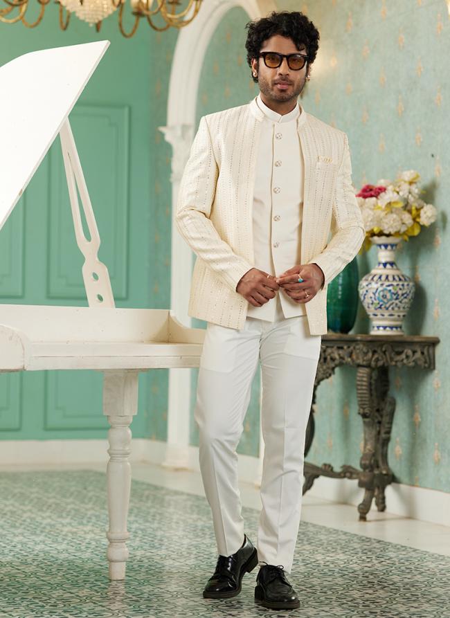 Cream Art Silk Wedding Wear Thread Work 3 Pcs Jodhpuri Suit