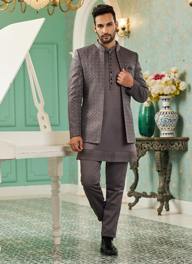 Grey Art Silk Wedding Wear Thread Work 3 Pcs Jodhpuri Suit