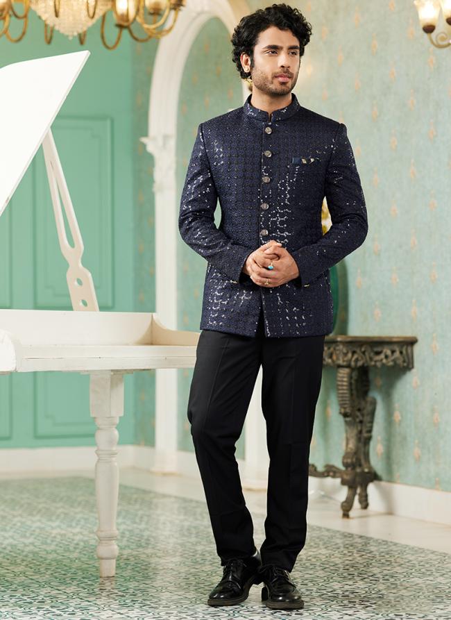 Navy Blue Art Silk Wedding Wear Thread Work Jodhpuri Suit