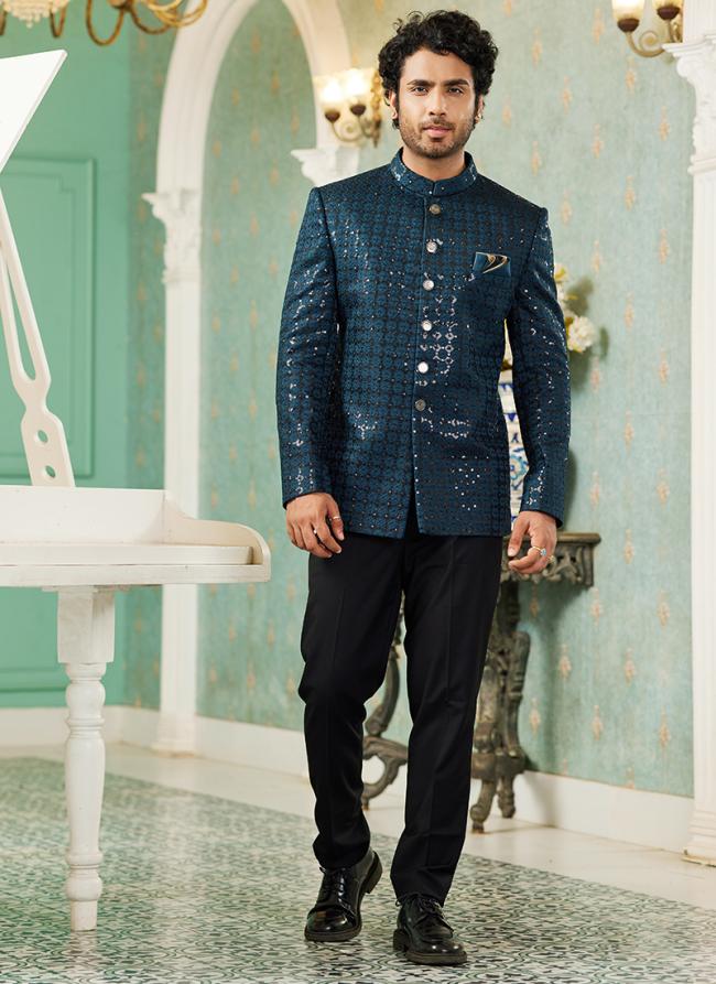 Teal Green Art Silk Wedding Wear Thread Work Jodhpuri Suit