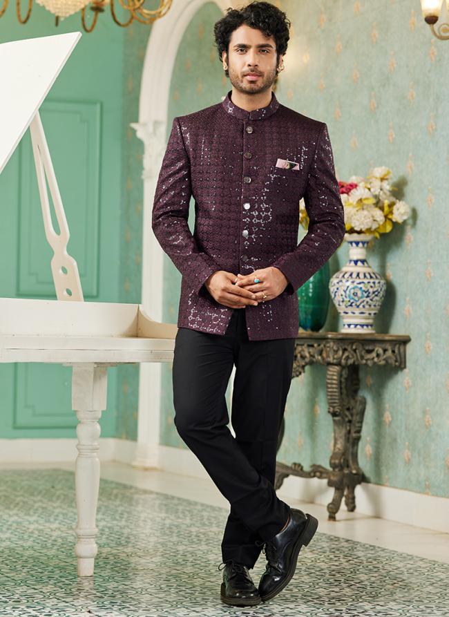 Wine Art Silk Wedding Wear Thread Work Jodhpuri Suit