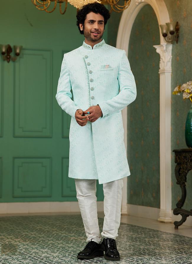 Firozi Green Jacquard Silk Wedding Wear Hand Work IndoWestern