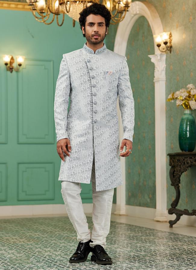 Light Grey Jacquard Silk Wedding Wear Hand Work IndoWestern