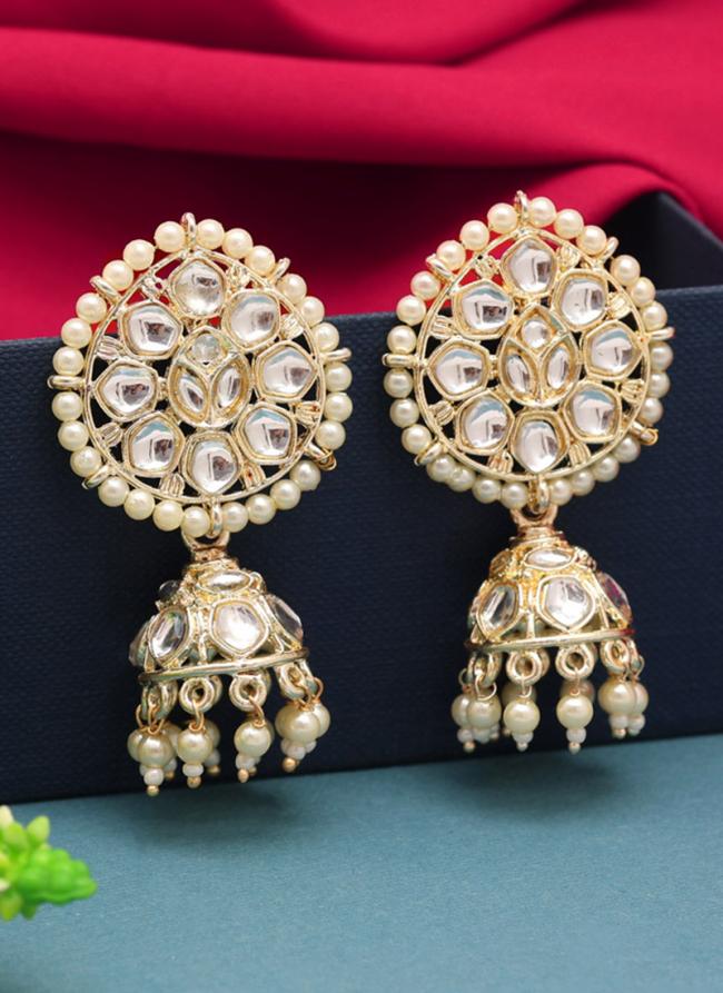 White Alloy Kundan Beads Jhumka