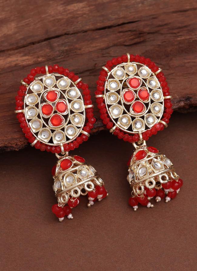 Red Brass Kundan Stone Jhumka