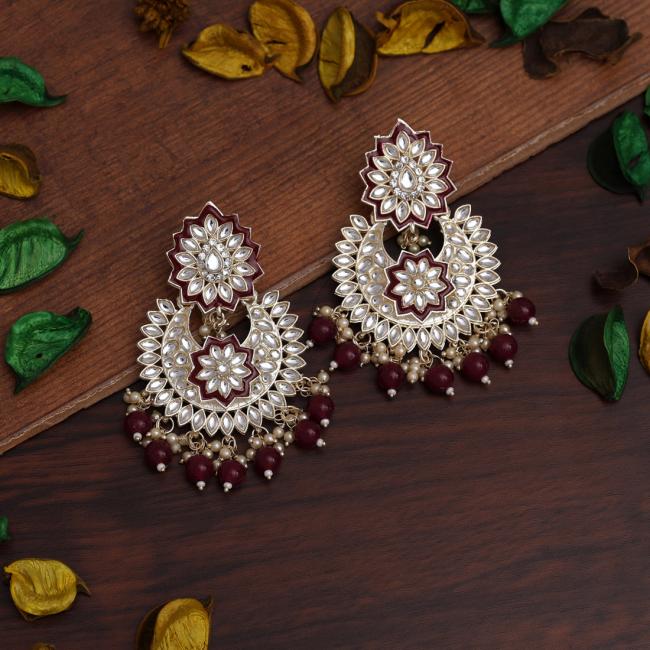 Maroon Meenakari Kundan Chand Earrings