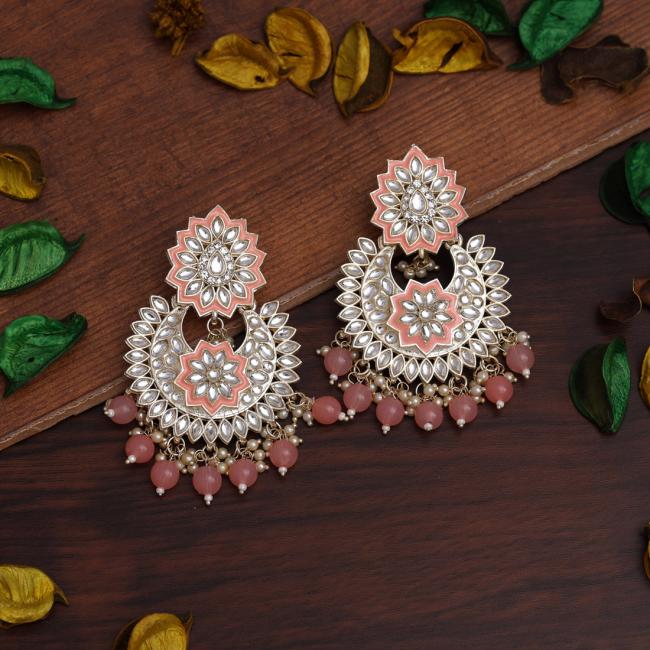 Peach Meenakari Kundan Chand Earrings