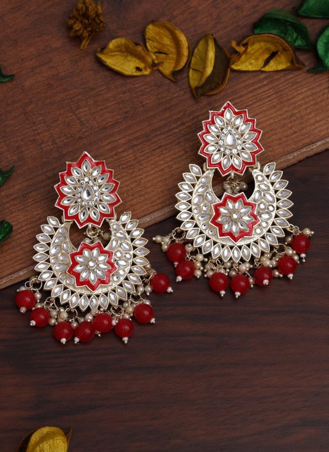 Red Meenakari Kundan Chand Earrings