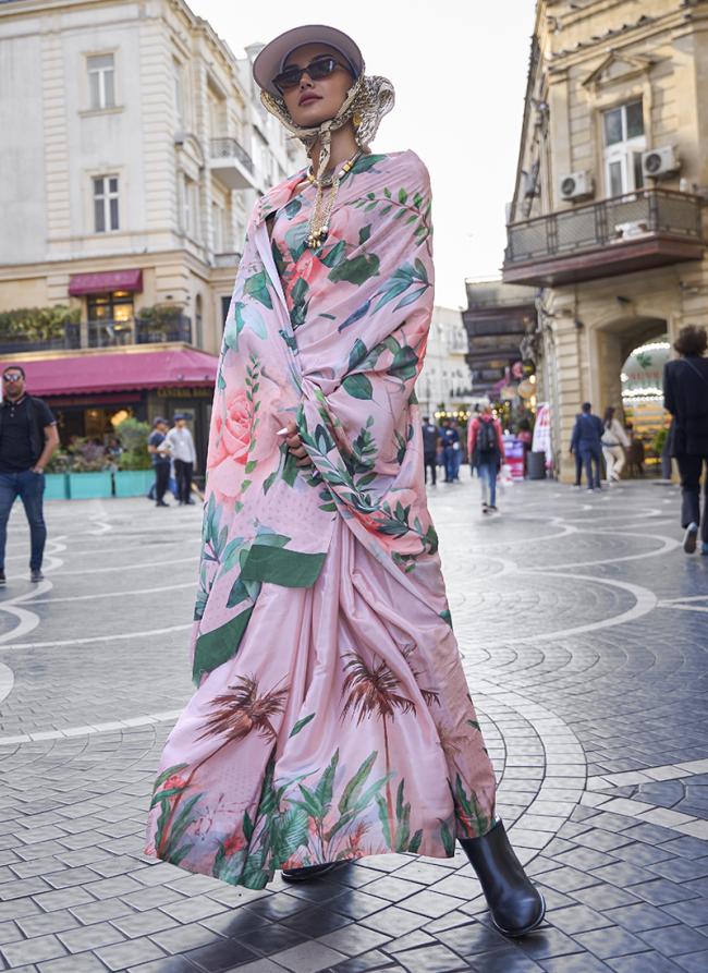 Light Pink Crepe Silk Party Wear Digital Printed Saree