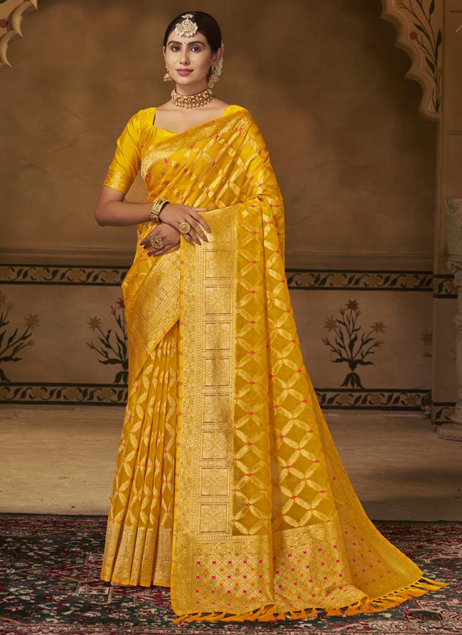 Yellow Pure Georgette Festival Wear Weaving Saree