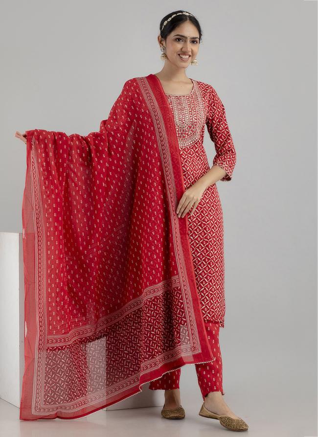 Red Rayon Cotton Festival Wear Embroidery Work Readymade Salwar Suit