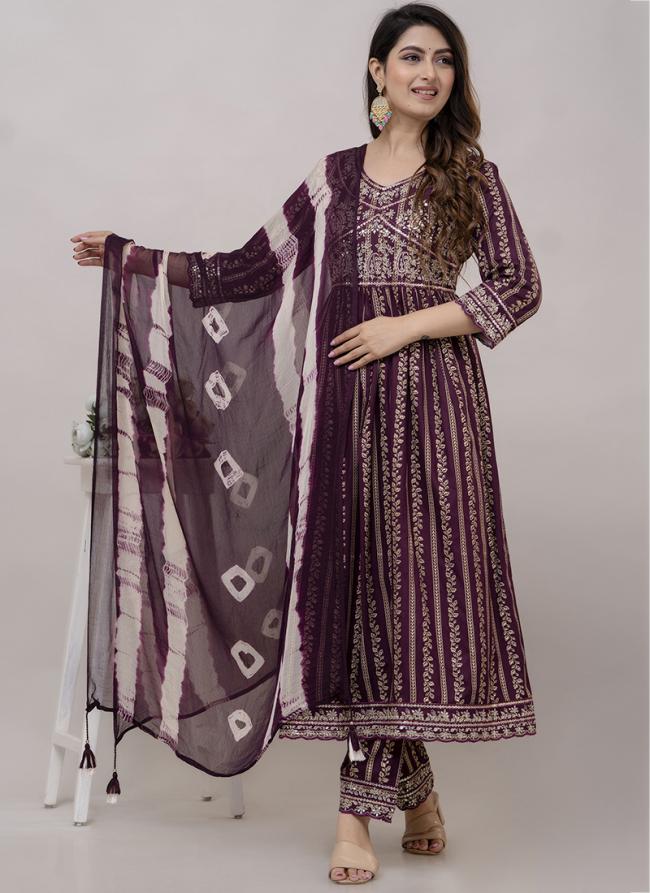 Wine Rayon Cotton Traditional Wear Embroidery Work Readymade Salwar Suit
