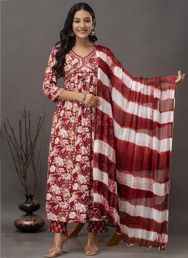 Maroon Rayon Cotton Festival Wear Embroidery Work Readymade Salwar Suit