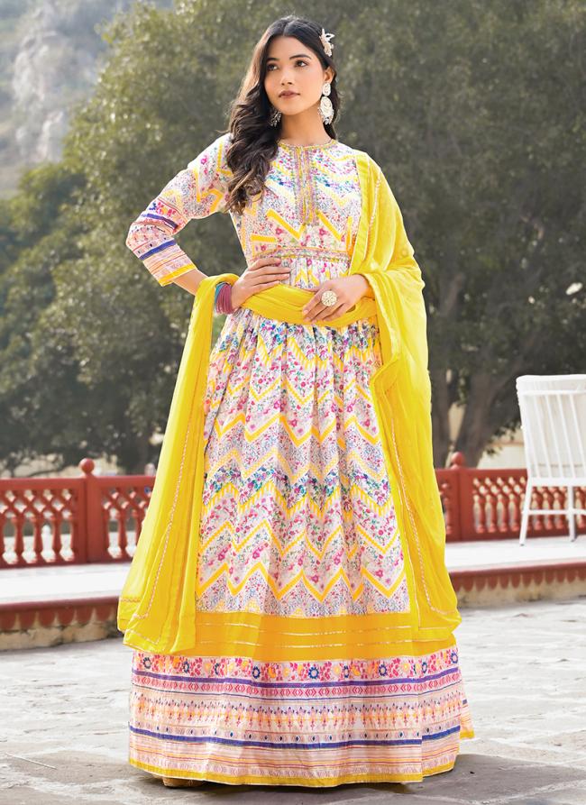 Yellow Dola Silk Party Wear Digital Printed Gown With Dupatta