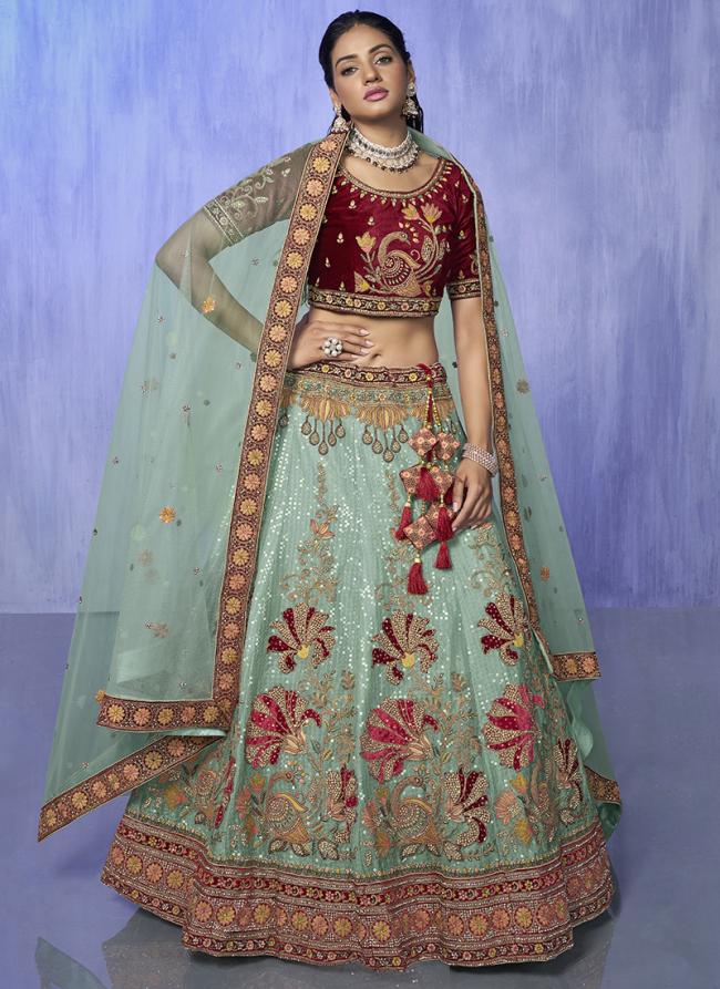 Turquoise Velvet Wedding Wear Embroidery Work Lehenga Choli