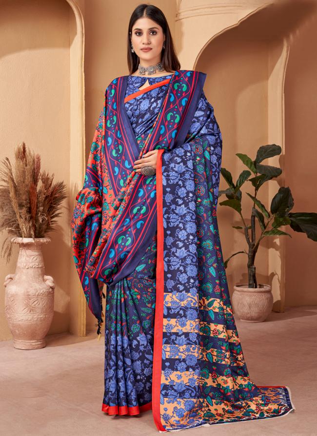 Blue Pure Pashmina Festival Wear Digital Printed Saree