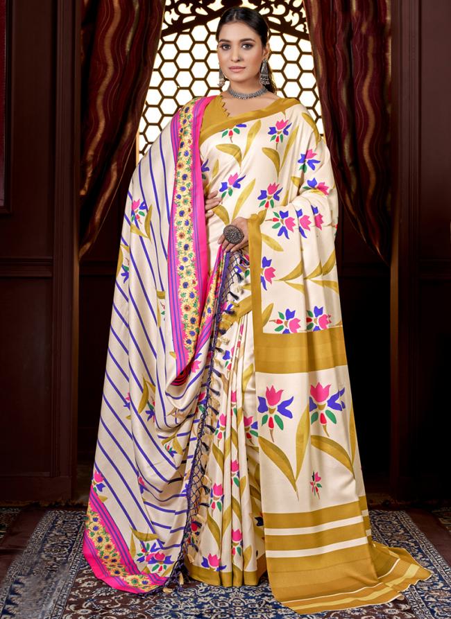 Cream Pure Pashmina Festival Wear Digital Printed Saree