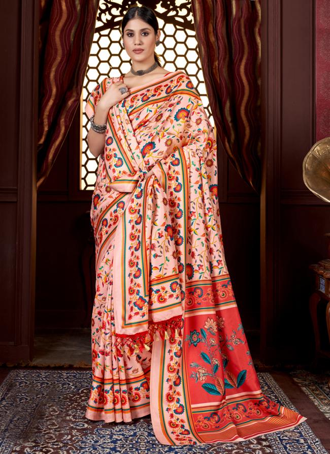 Peach Pure Pashmina Festival Wear Digital Printed Saree