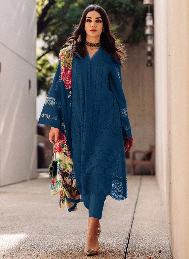 Blue Cotton Festival Wear Embroidery Work Pakistani Suit