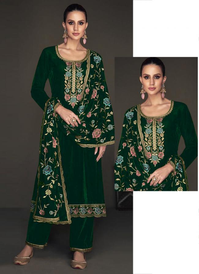 Green Viscose Velvet Festival Wear Embroidery Work Palazzo Suit
