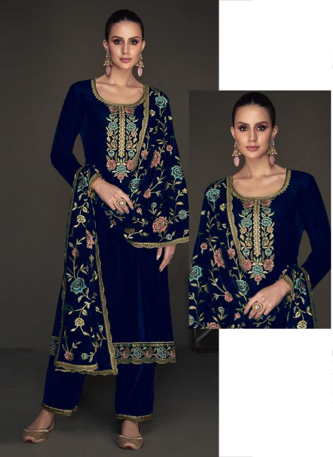 Navy Blue Viscose Velvet Festival Wear Embroidery Work Palazzo Suit