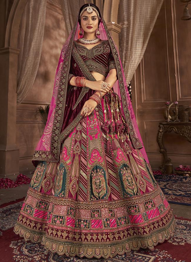 Rani Pure Velvet Bridal Wear Embroidery Work Lehenga Choli