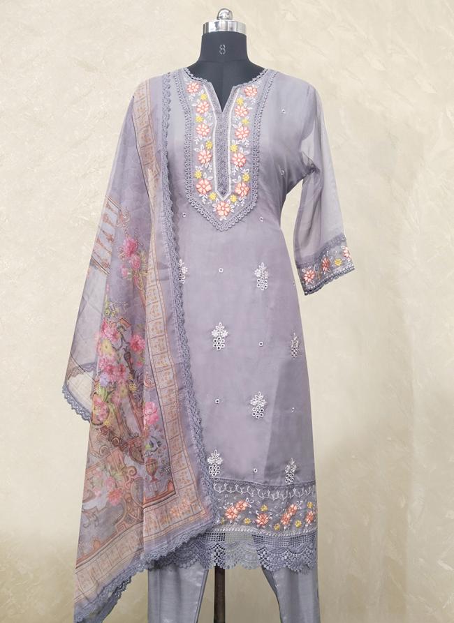 Grey Organza Festival Wear Embroidery Work Readymade Salwar Suit