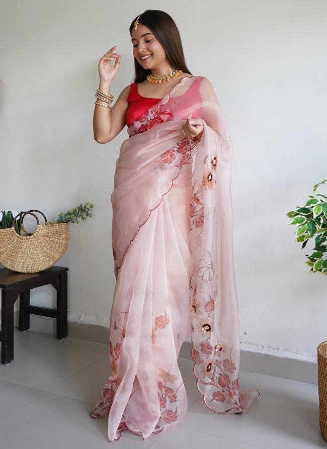 Light Pink Organza Traditional Wear Hand Work Saree