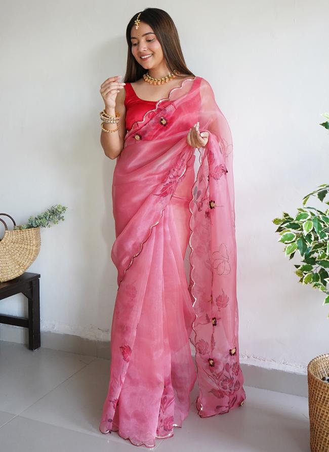 Pink Organza Traditional Wear Hand Work Saree