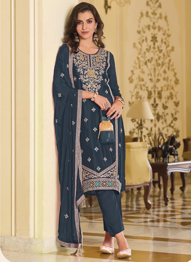 Blue Silk Traditional Wear Embroidery Work Salwar Suit