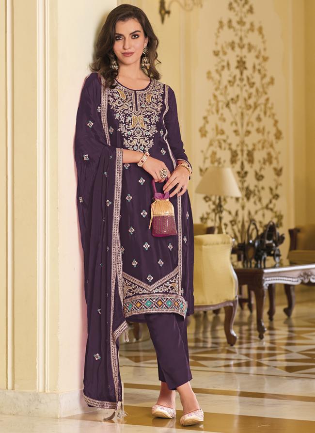 Wine Silk Traditional Wear Embroidery Work Salwar Suit