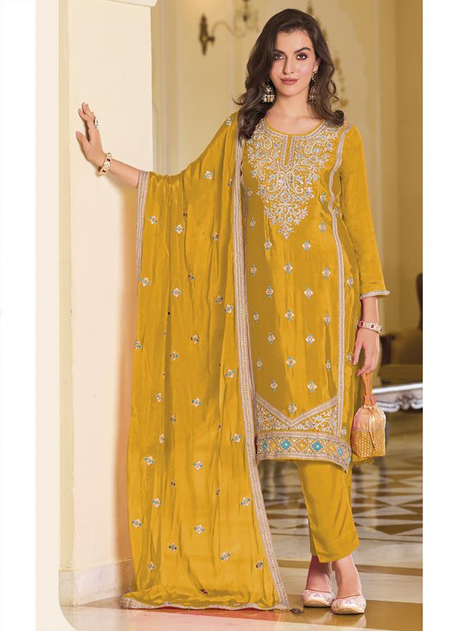 Yellow Silk Traditional Wear Embroidery Work Salwar Suit