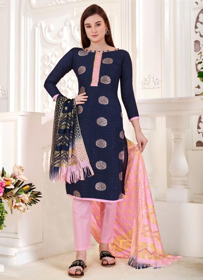 Navy Blue Jacquard Silk Casual Wear Zari Butta Straight Suit