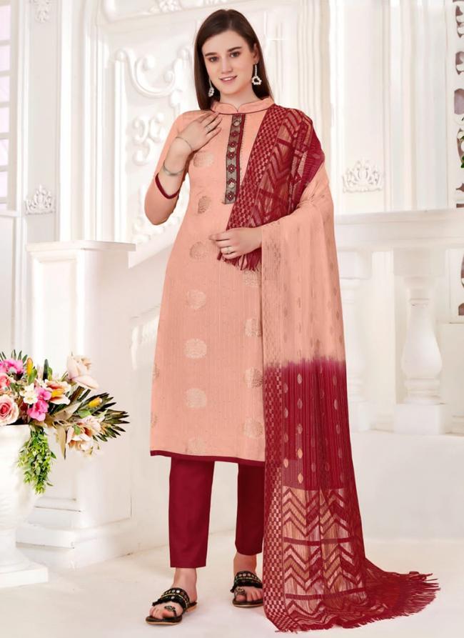 Peach Jacquard Silk Casual Wear Zari Butta Straight Suit