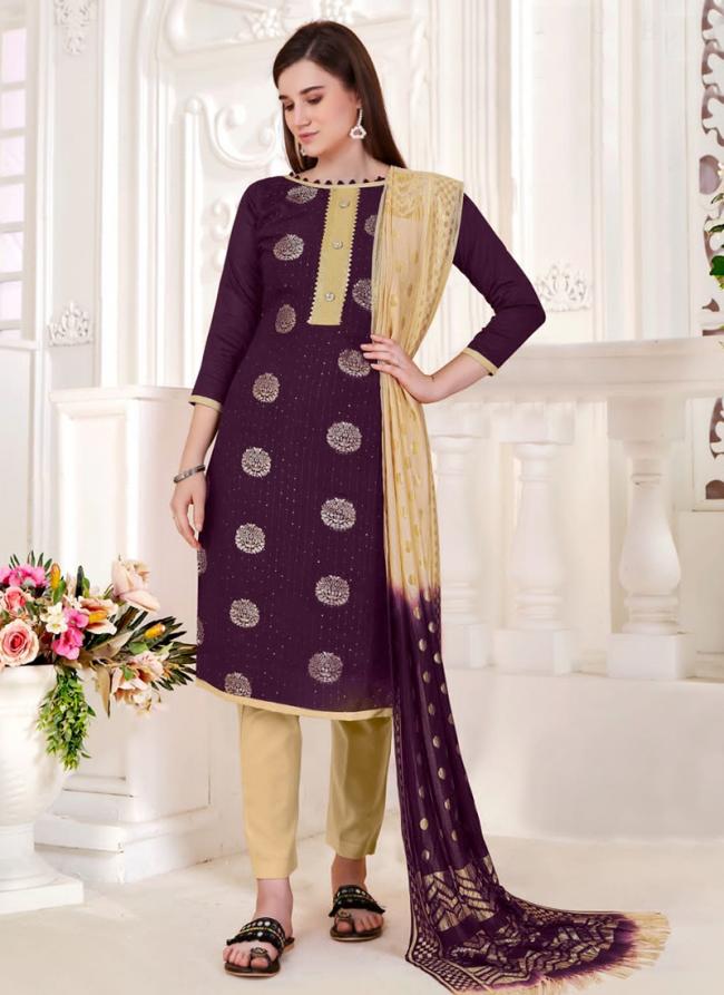 Wine Jacquard Silk Casual Wear Zari Butta Straight Suit