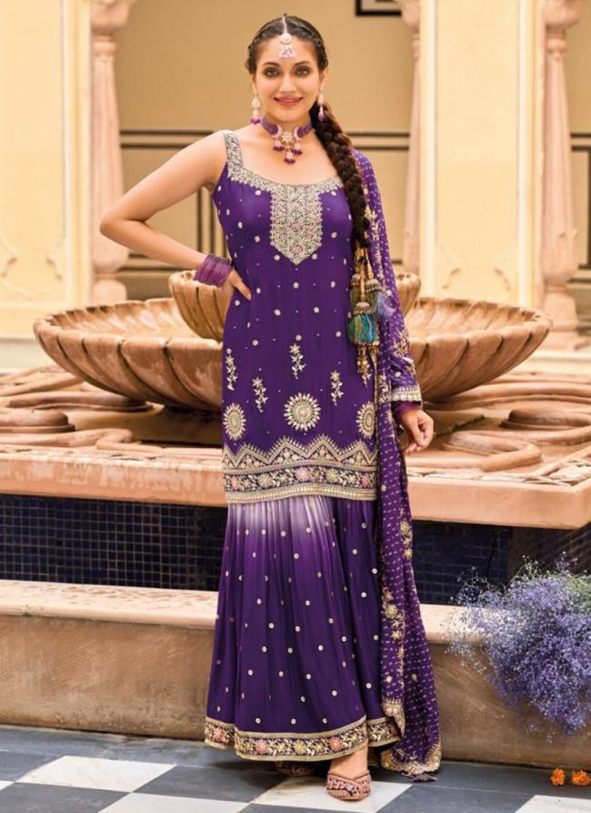 Purple Chinnon Eid Wear Embroidery Work Readymade Gharara Suit