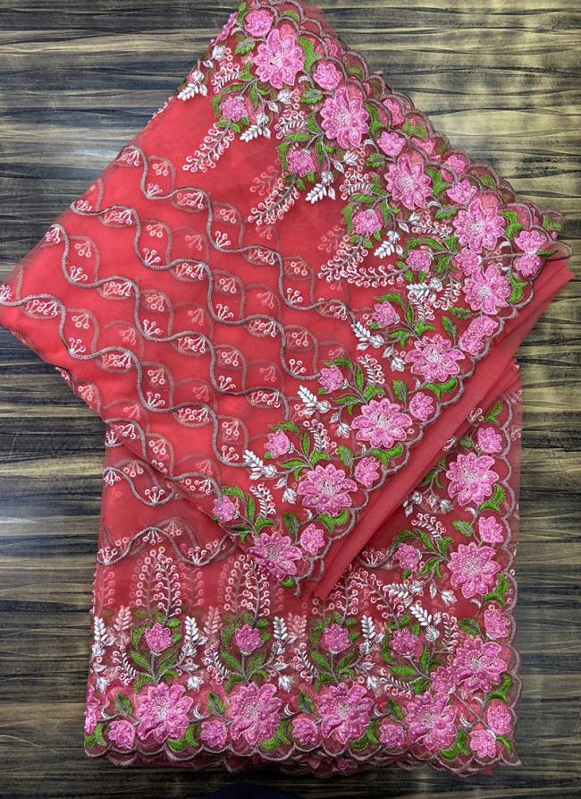 Dark Pink Net Wedding Wear Embroidery Work Saree