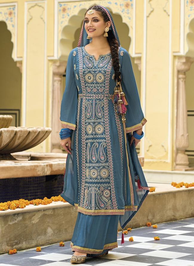 Blue Silk Traditional Wear Embroidery Work Readymade Salwar Suit