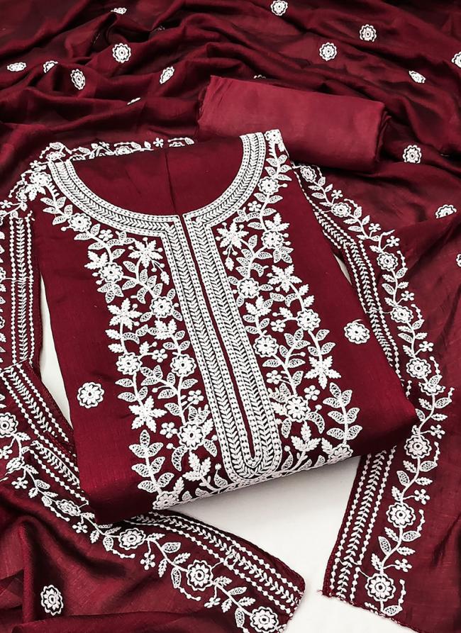 Maroon Silk Festival Wear Lucknowi Work Dress Material