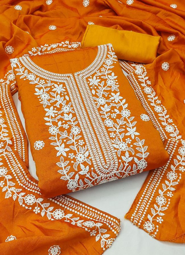 Orange Silk Festival Wear Lucknowi Work Dress Material