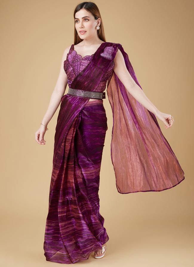 Purple Organza Party Wear Embroidery Work Stitched Saree