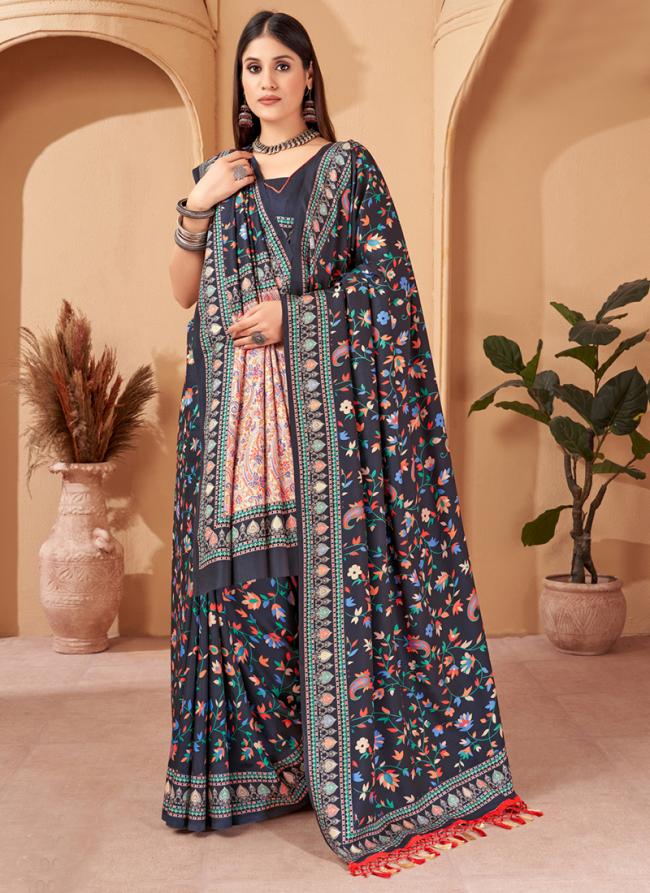 Grey Pure Pashmina Traditional Wear Digital Printed Saree