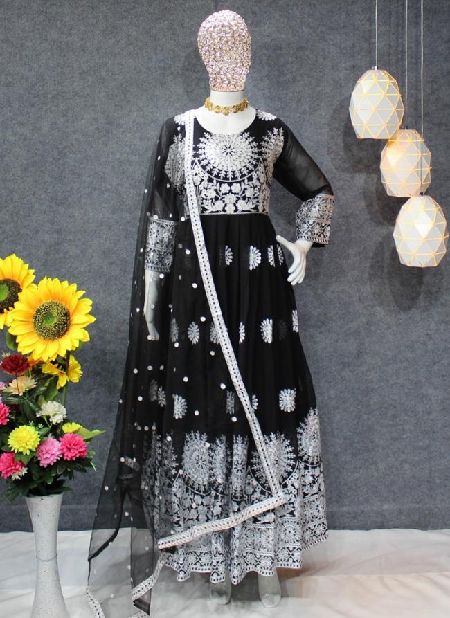 Black Faux Georgette Festival Wear Thread Work Gown With Dupatta
