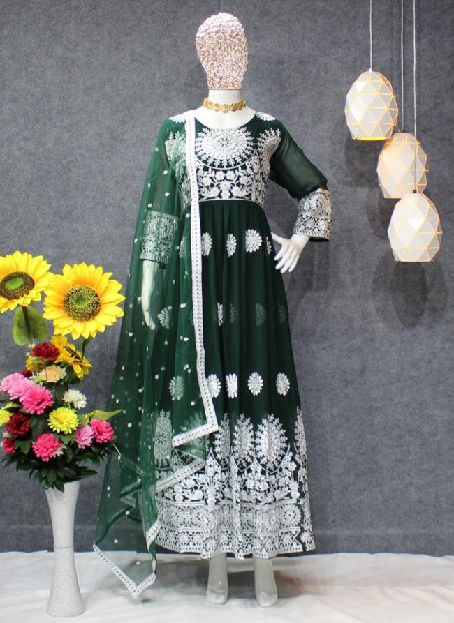 Bottle Green Faux Georgette Festival Wear Thread Work Gown With Dupatta