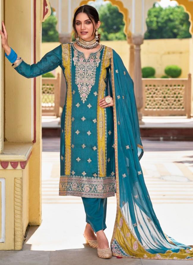 Blue Premium Silk Festival Wear Embroidery Work Straight Suit